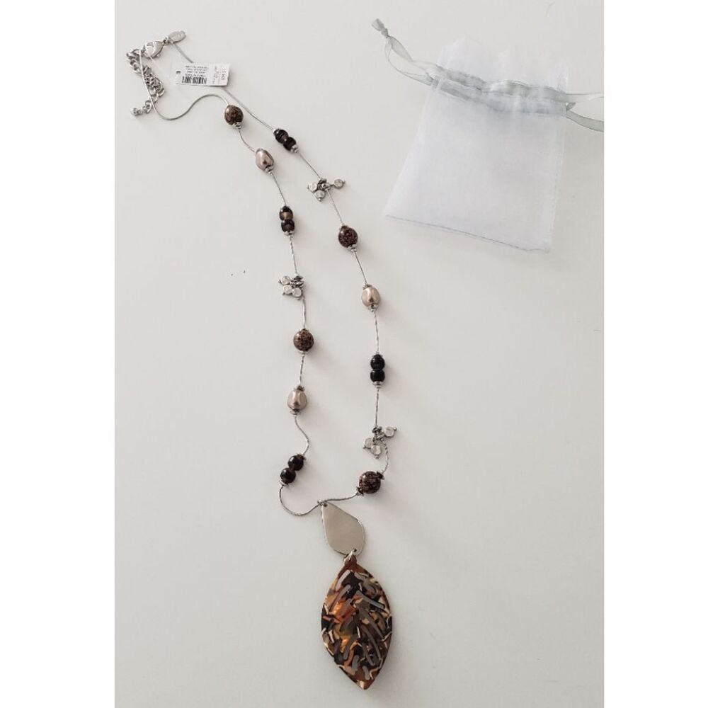 Chicos Neutral Leaf Beaded Silver Station Long Necklace Boho Casual‎